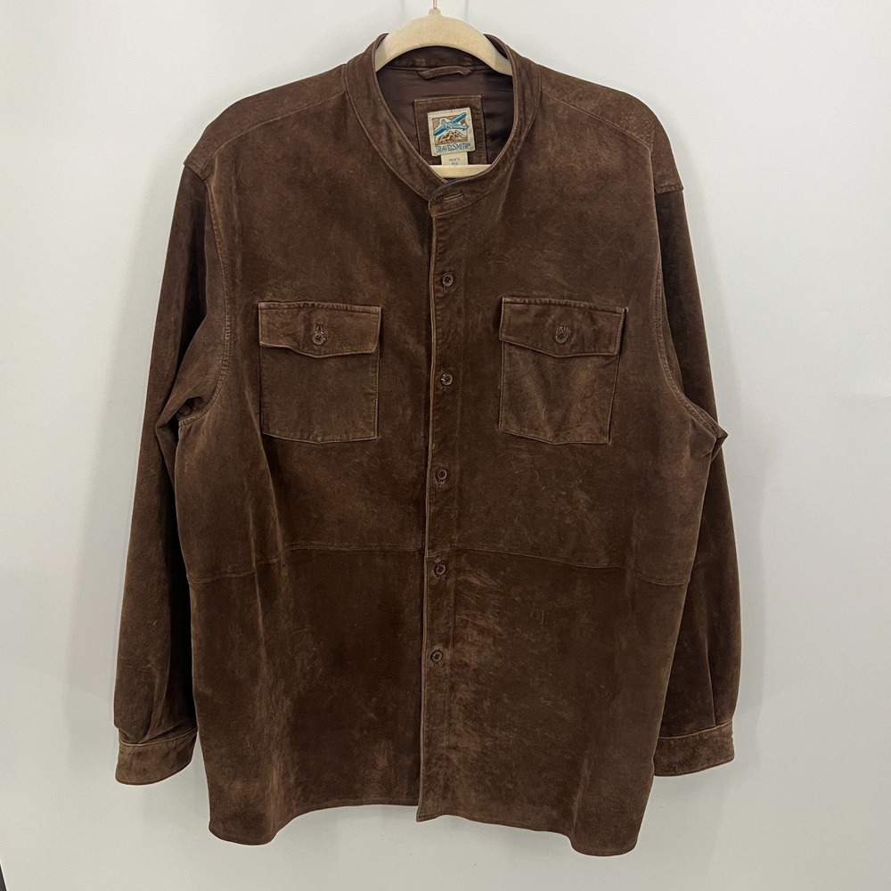 TravelSmith Mens Brown Suede Leather Shirt Jacket Mandarin Collar XL